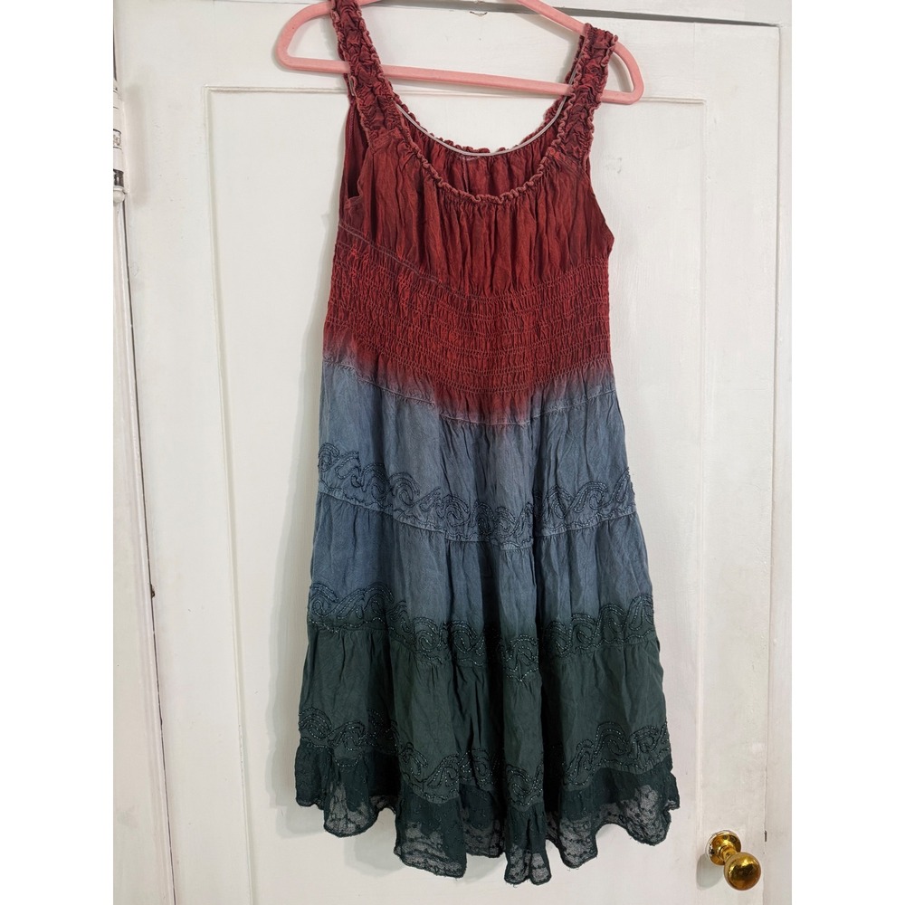 Boho Ombre Tiered Smocked Sun Dress Red Blue Green Sequin Lace Trim